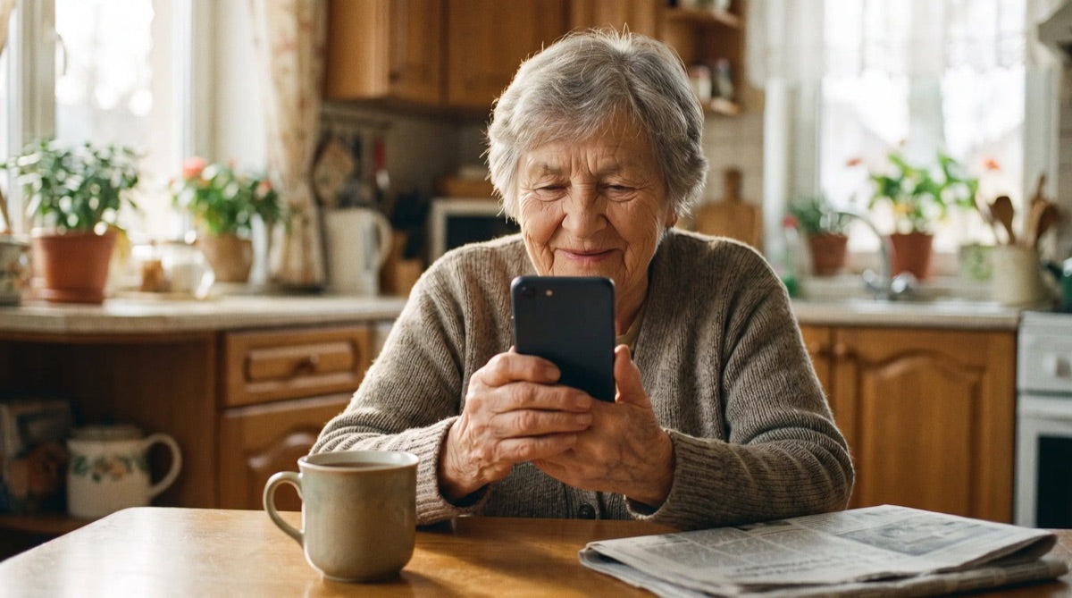 A reader at her kitchen table with the free app open.