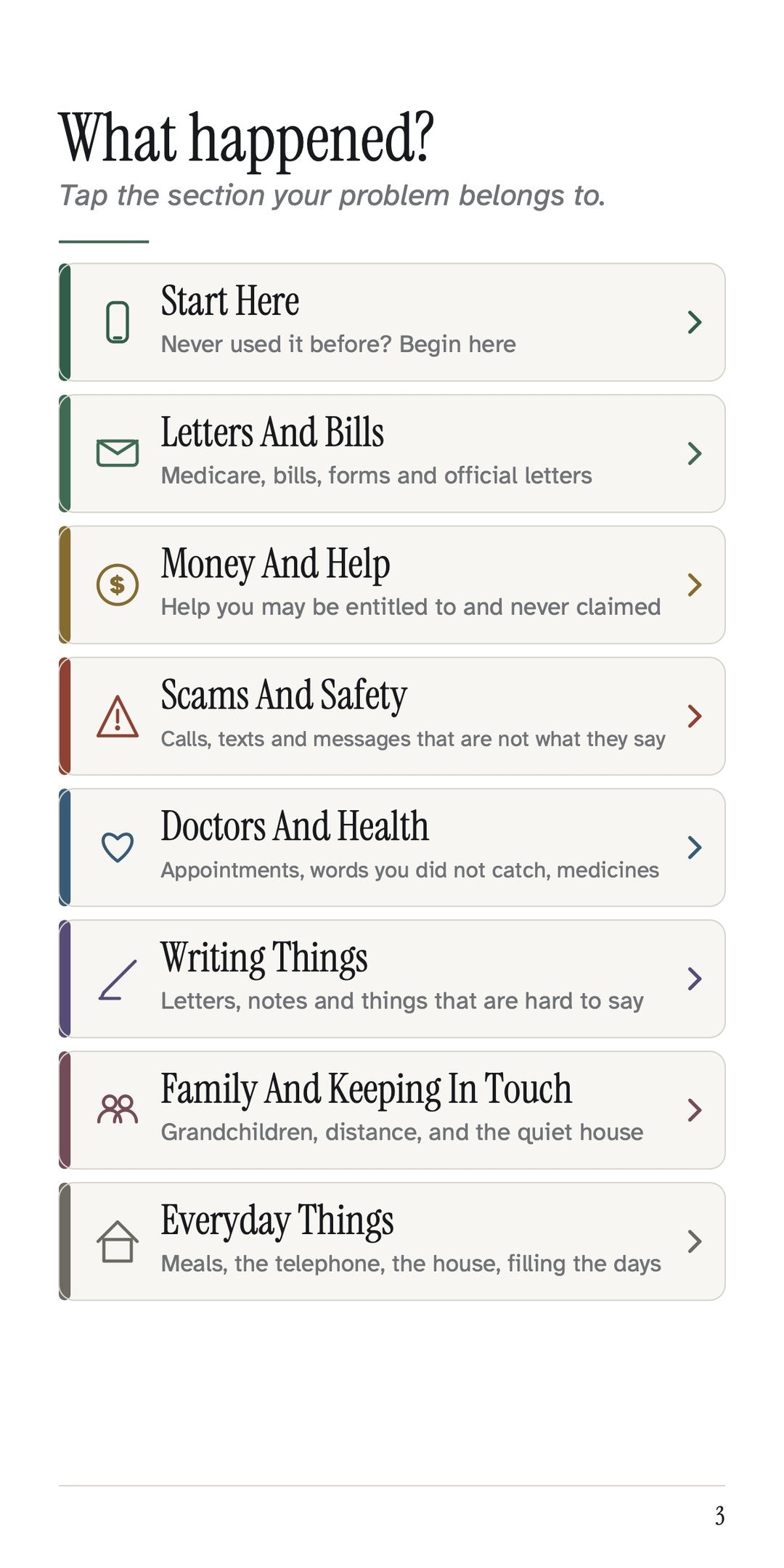 Page 3 — the 8 sections. Tap a section name. The book jumps to it.